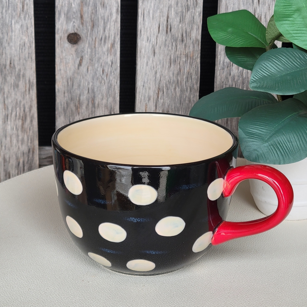 Certified International Jumbo Black With Cream Polka Dots Mug